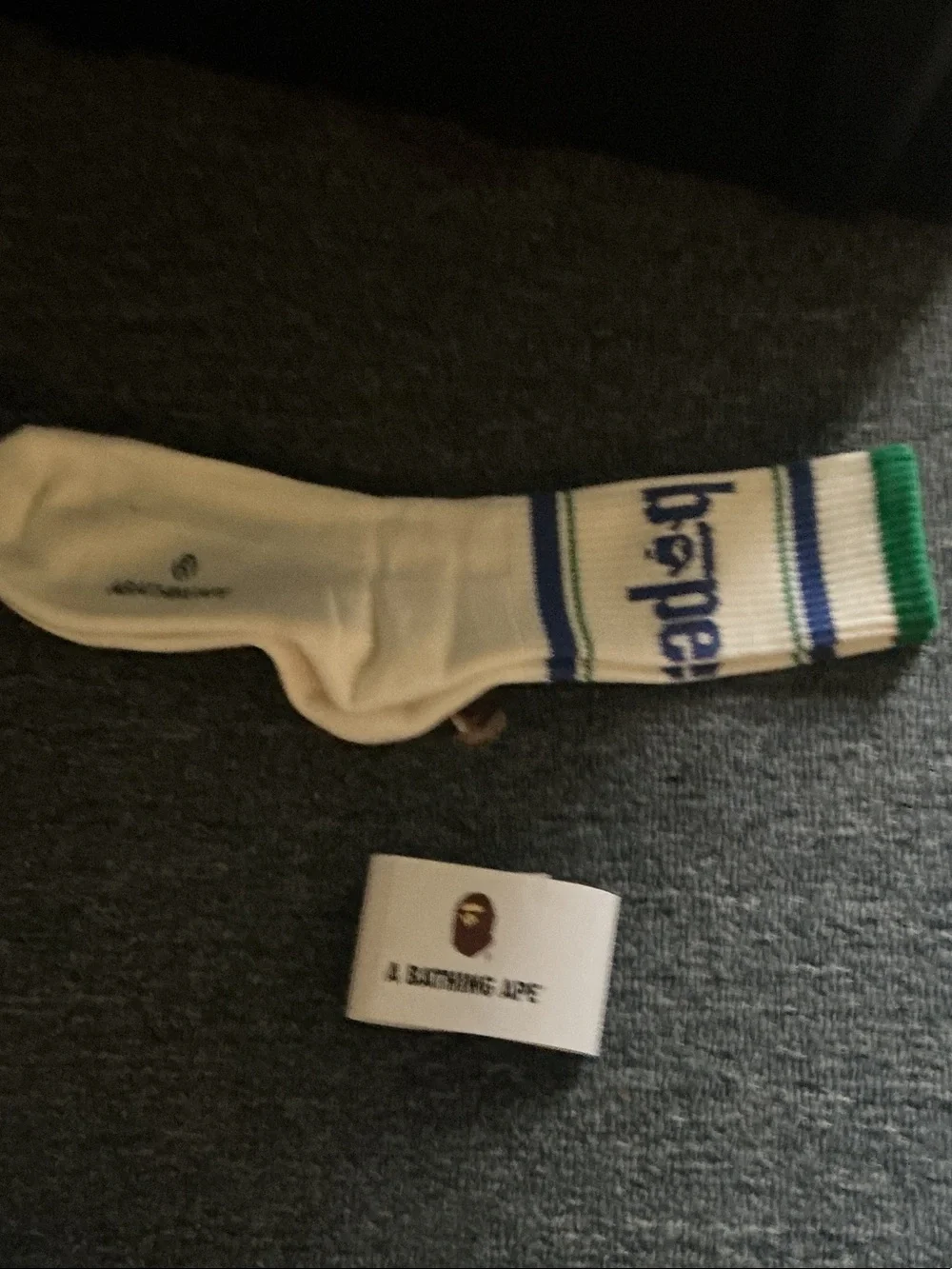 A Bathing Ape White & Green Logo Crew Sock